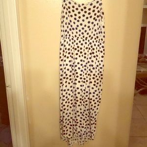 White sundress with blue/purple polka dots